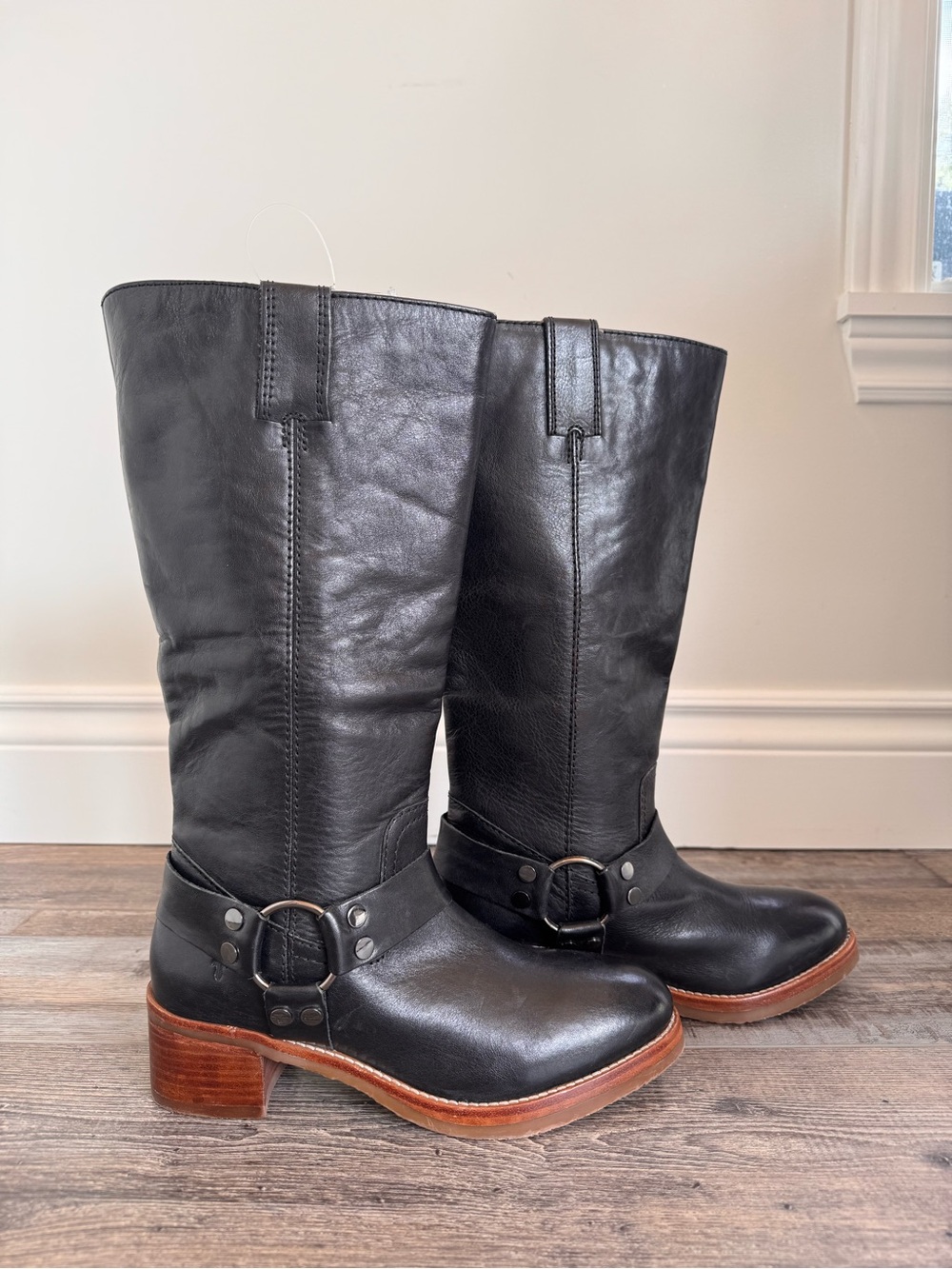 Frye Black Leather Mid-Calf Harness Boots